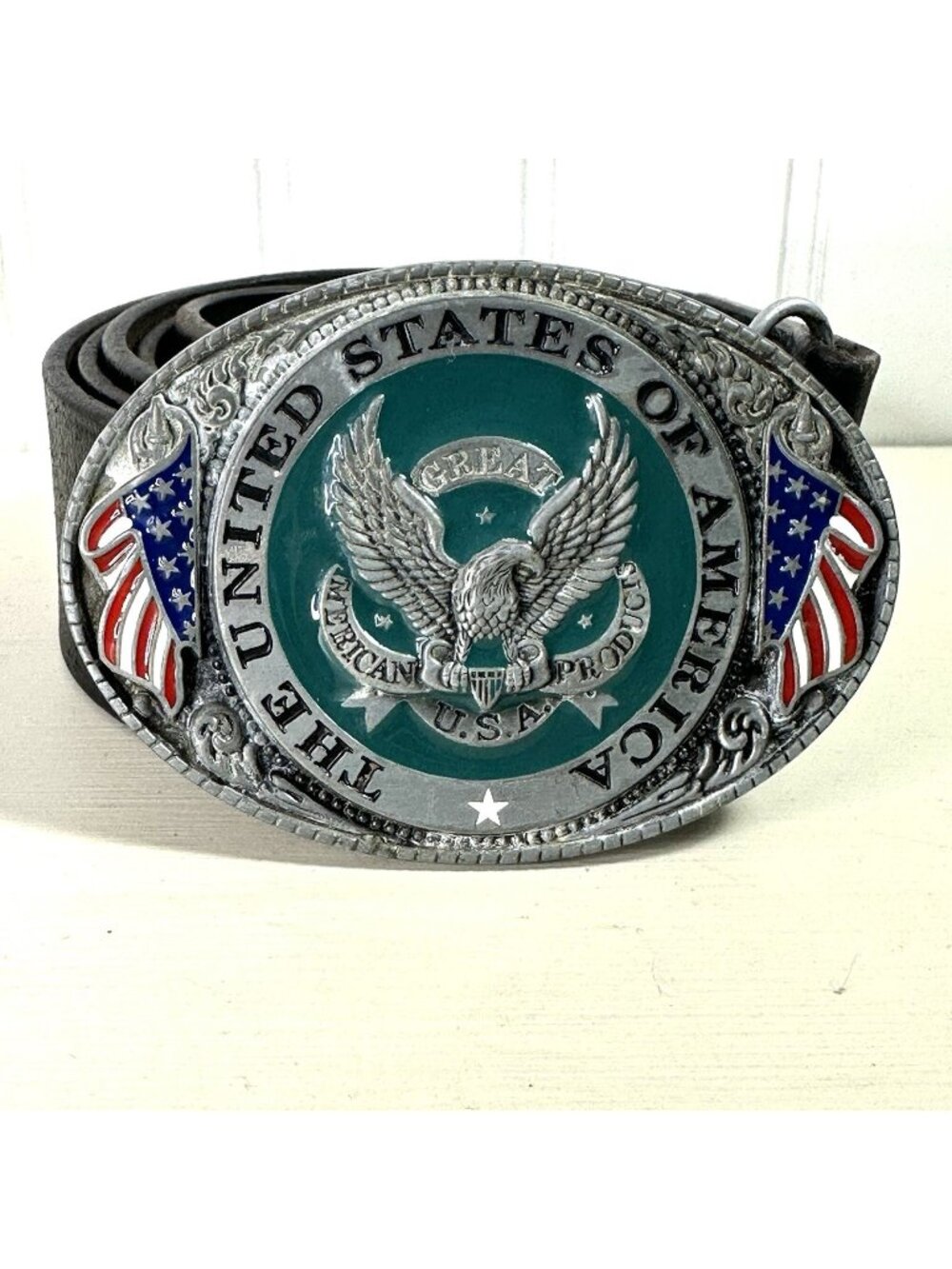 CTM Buckle Leather Belt L-XL 34-45 Bald Eagle Flag Red White Blue Patriotic USA